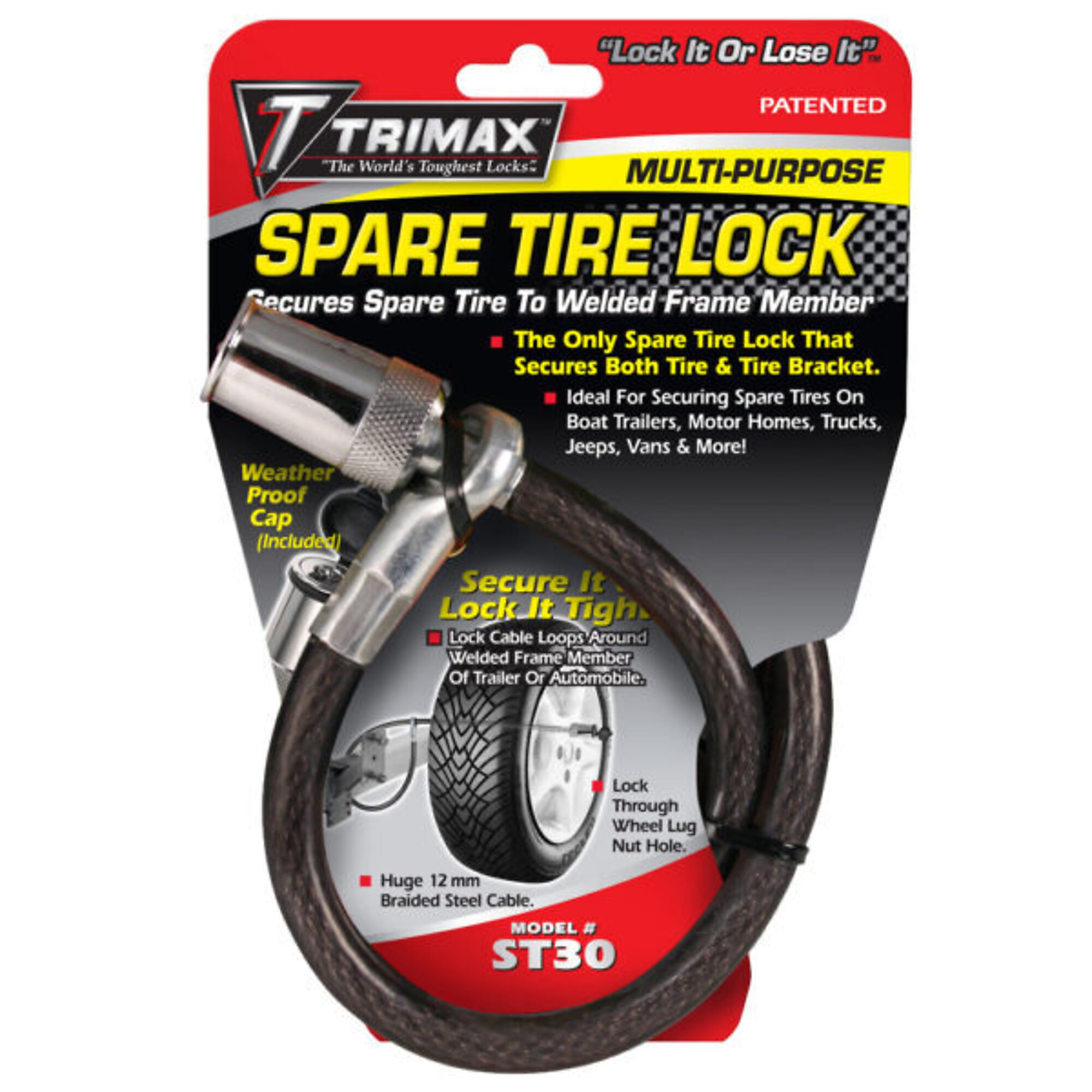 TRIMAX™ SPARE TIRE CABLE LOCK WITH ROUND KEYS 3' L X 12MM